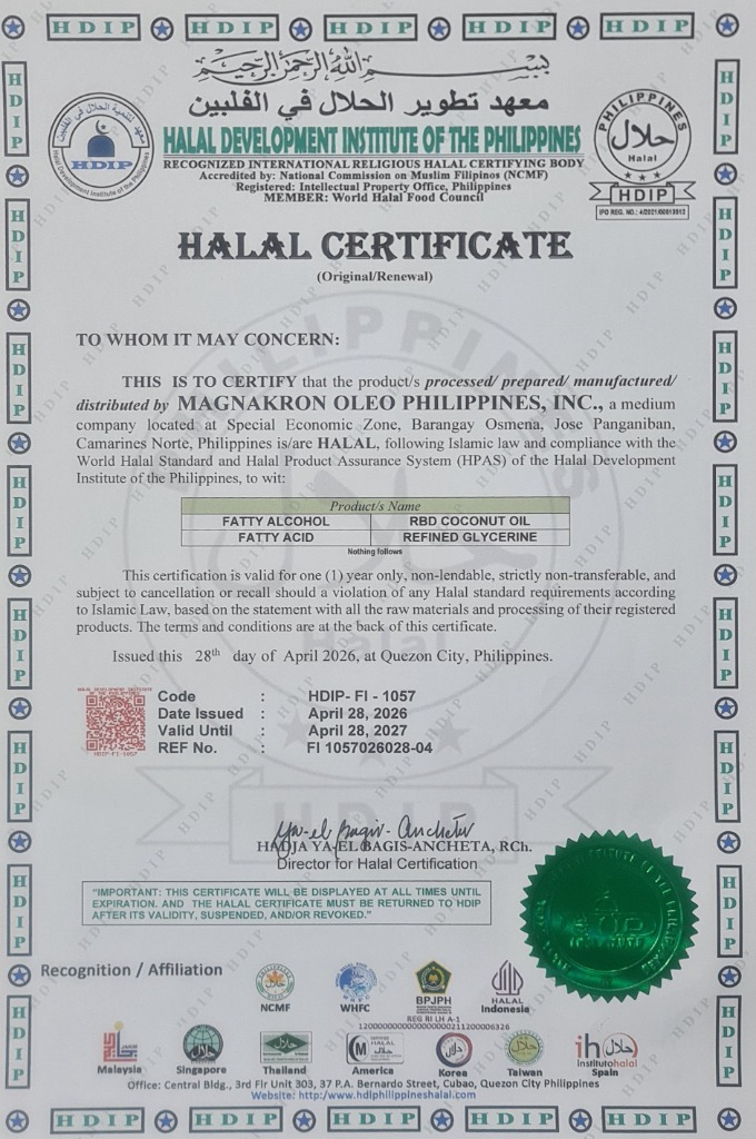 Halal certificate for Magnakron Oleo Philipppines, Inc.