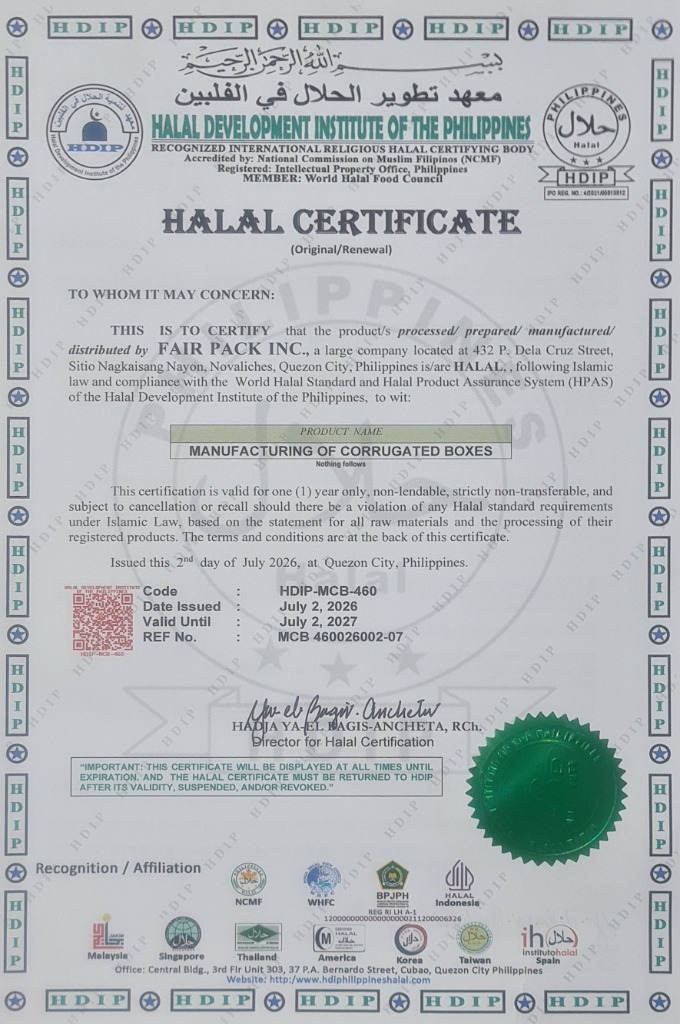 Halal certificate for Fair Pack Inc.
