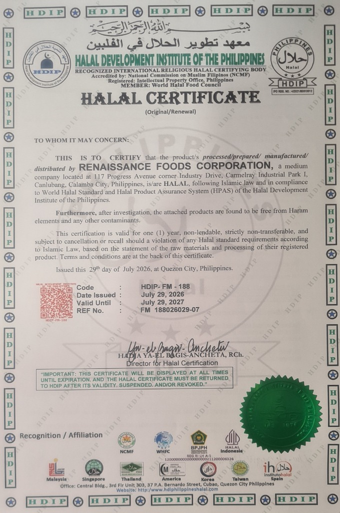 Halal certificate for Renaissance Foods Corporation