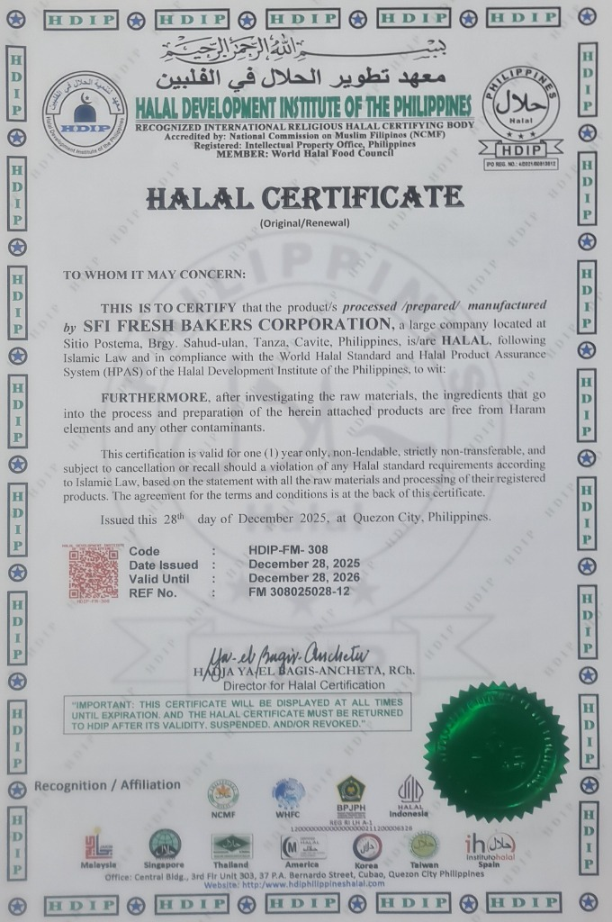 Halal certificate for SFI Fresh Bakers Corporation-Cavite