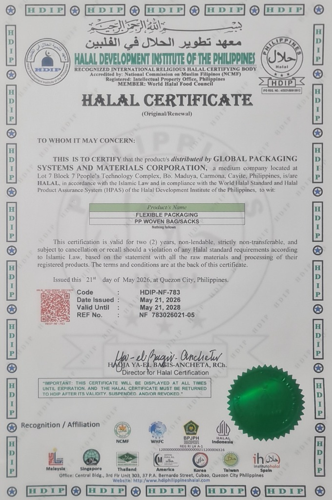 Halal certificate for Global Packaging Systems and materials Corporation 