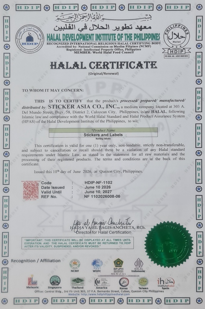 Halal certificate for Stickerasia Co., Inc.