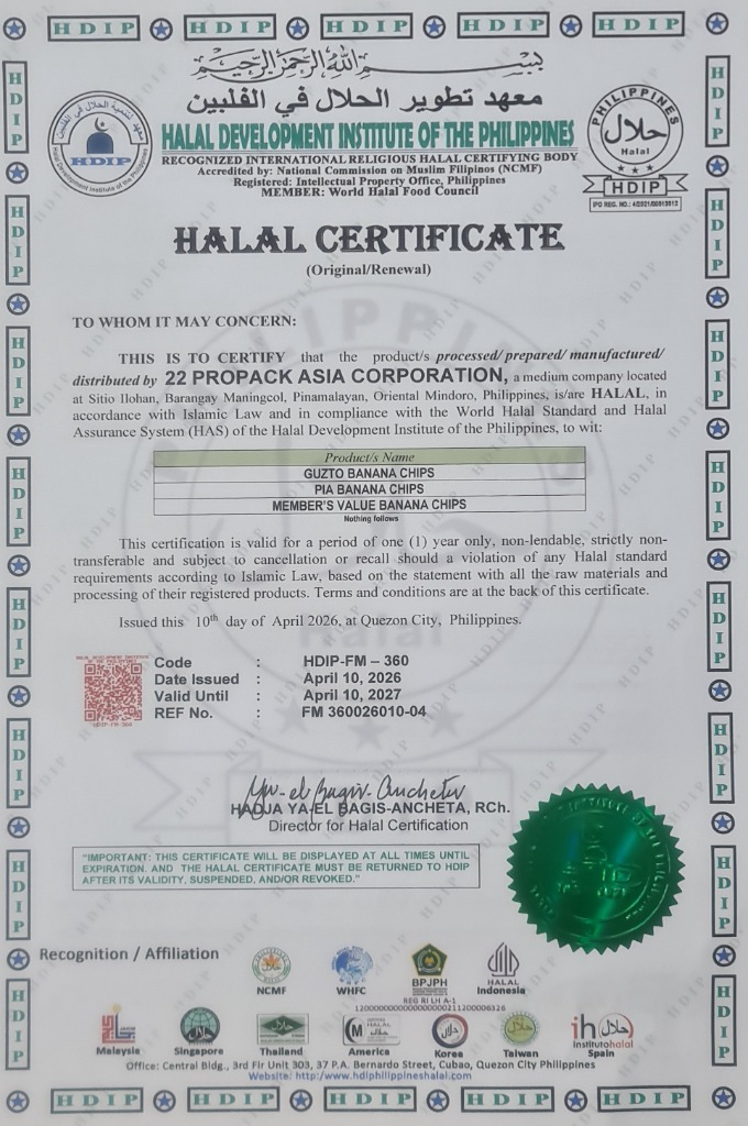 Halal certificate for 22 Propack Asia Corporation