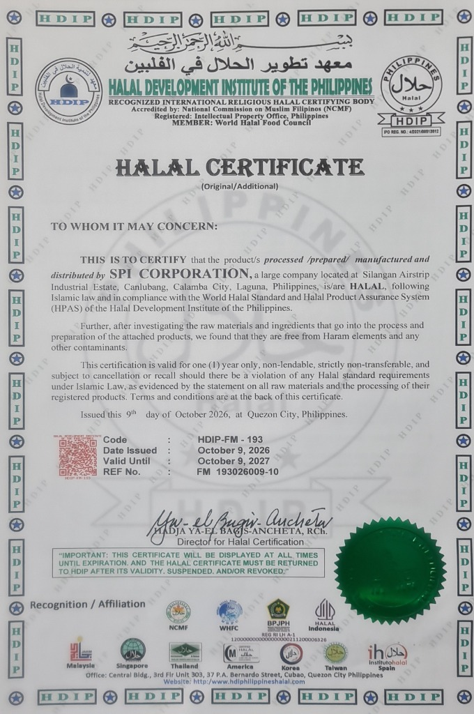 Halal certificate for SPI Corporation