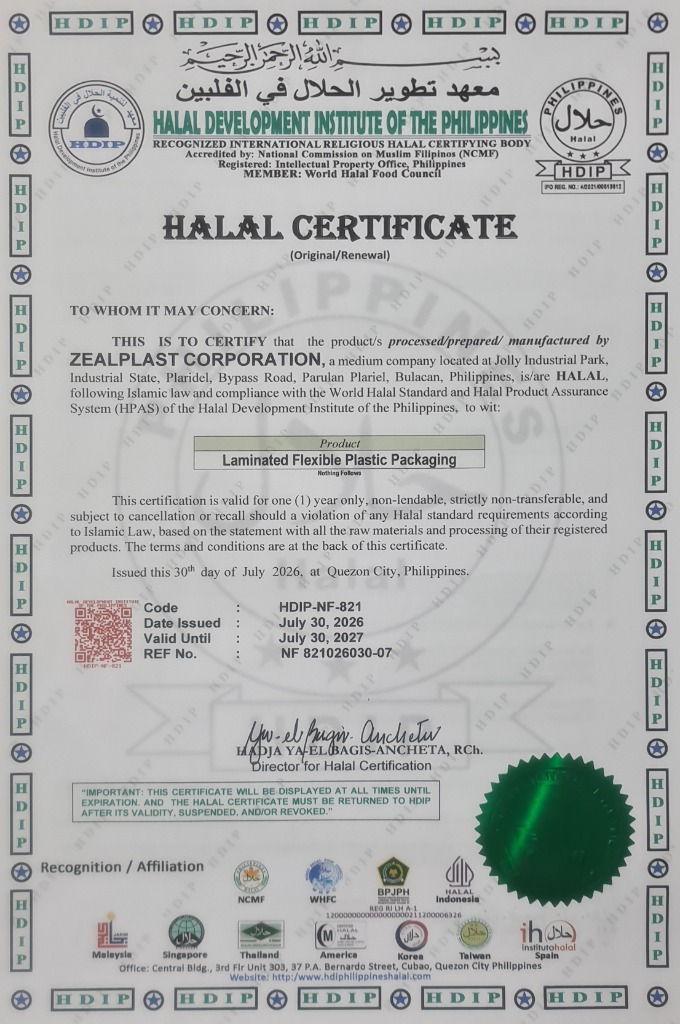 Halal certificate for Zealplast Corporation