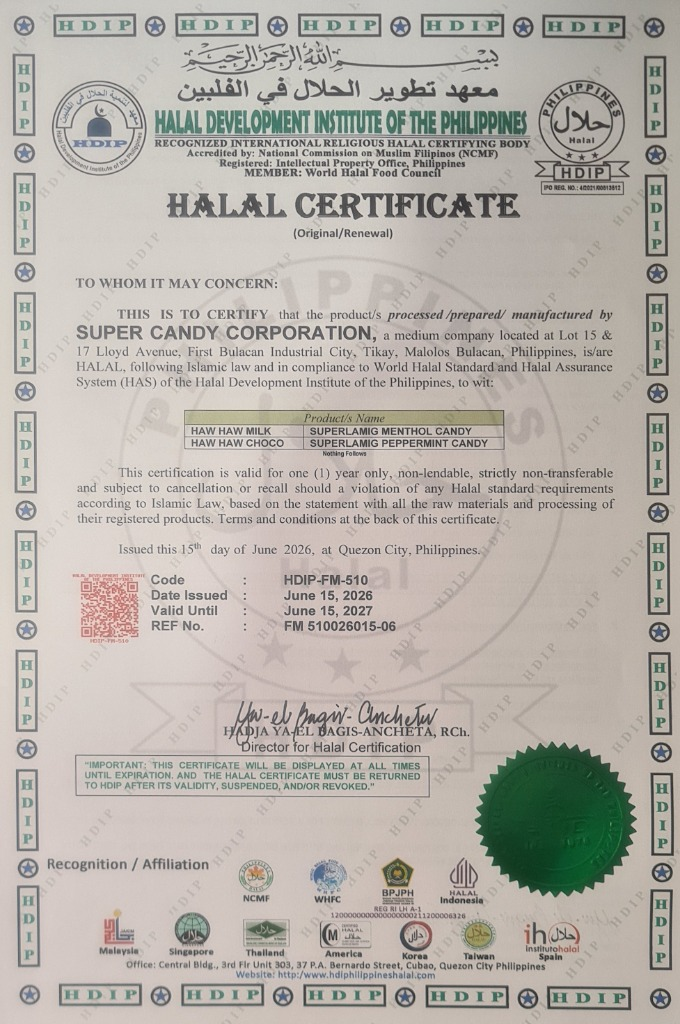 Halal certificate for Super Candy Corporation