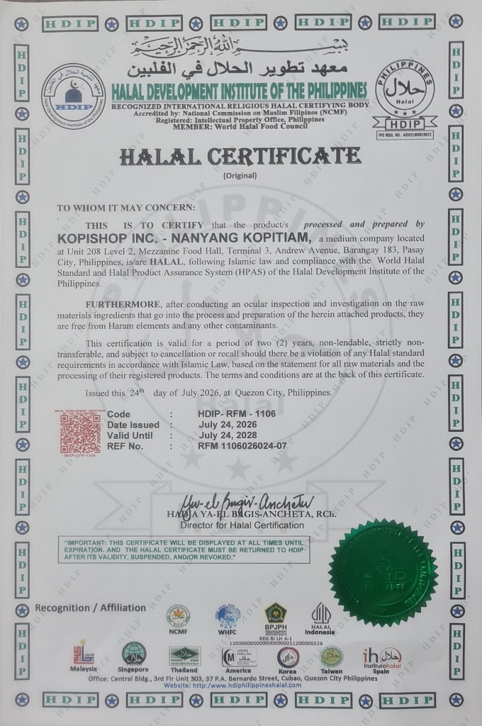 Halal certificate for Nanyang Kopi Tiam