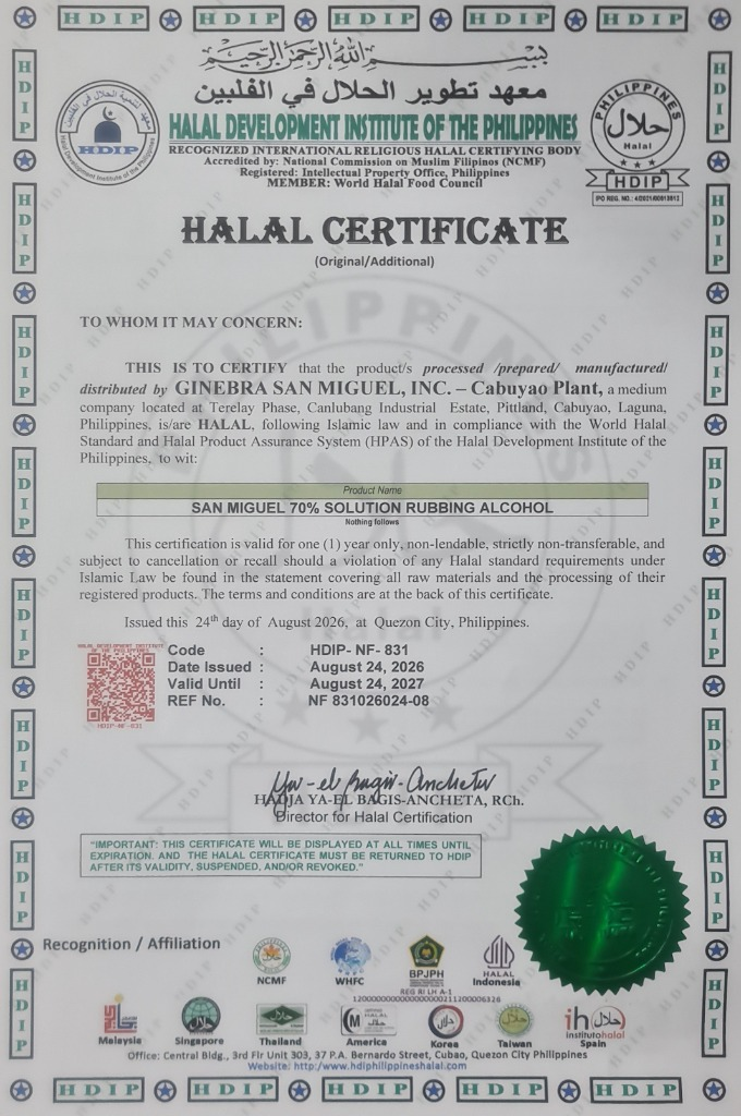 Halal certificate for Ginebra San Miguel, Inc. - Cabuyao Plant