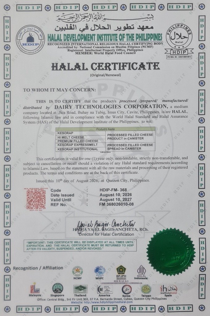 Halal certificate for Dairy Technologies Corporation