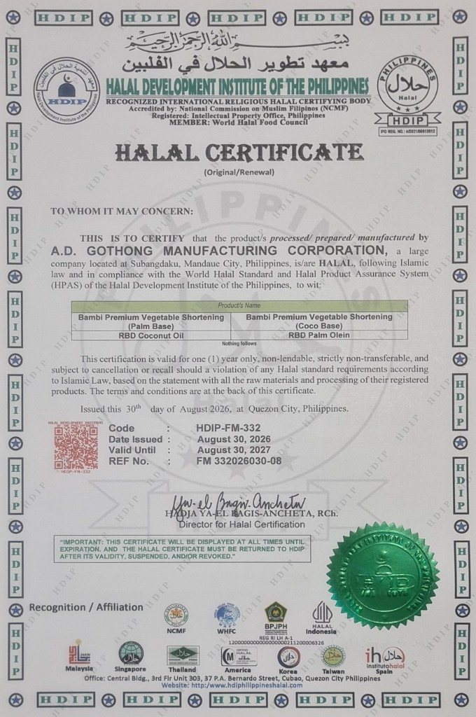 Halal certificate for A.D. Gothong Manufacturing Corporation