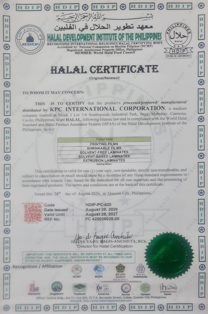 Halal certificate for KPC International Corporation