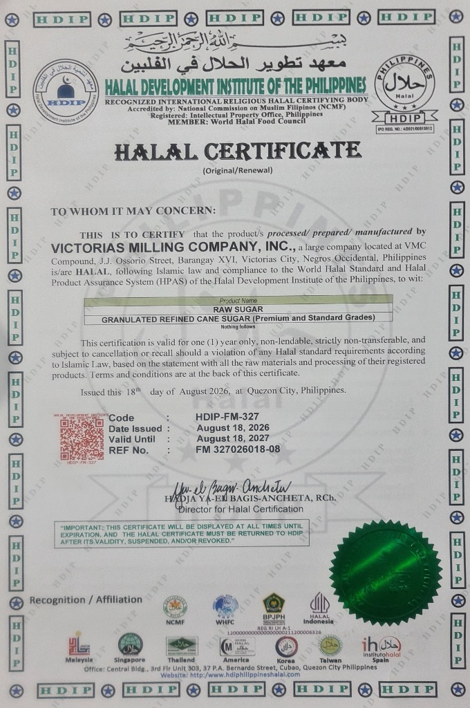 Halal certificate for Victorias Milling Company, Inc.