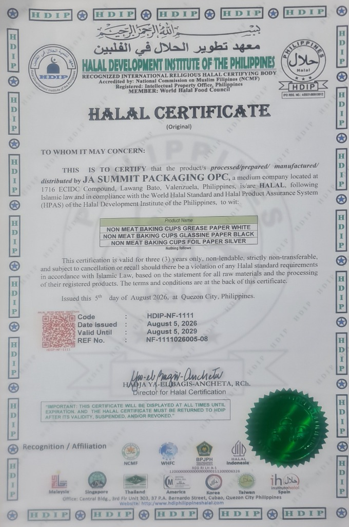 Halal certificate for JA Summit Packaging OPC