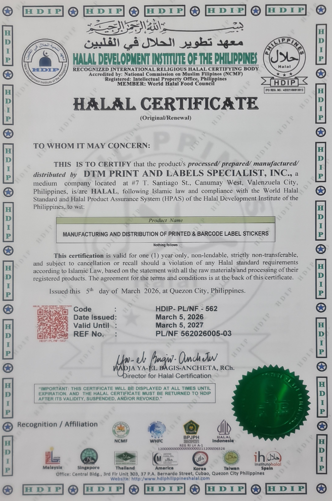 Halal certificate for DTM Print and Labels Specialist, Inc.
