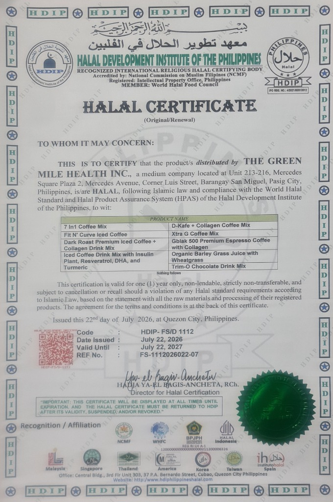 Halal certificate for The Green Mile Health, Inc.