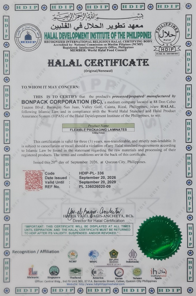 Halal certificate for Bonpack Corporation - Cainta