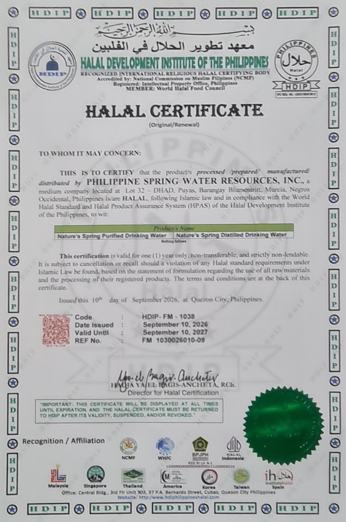 Halal certificate for Philippine Spring Water Resources, Inc.-Murcia