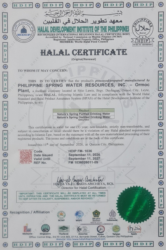Halal certificate for Philippine Spring Water Resources, Inc.- Ormoc