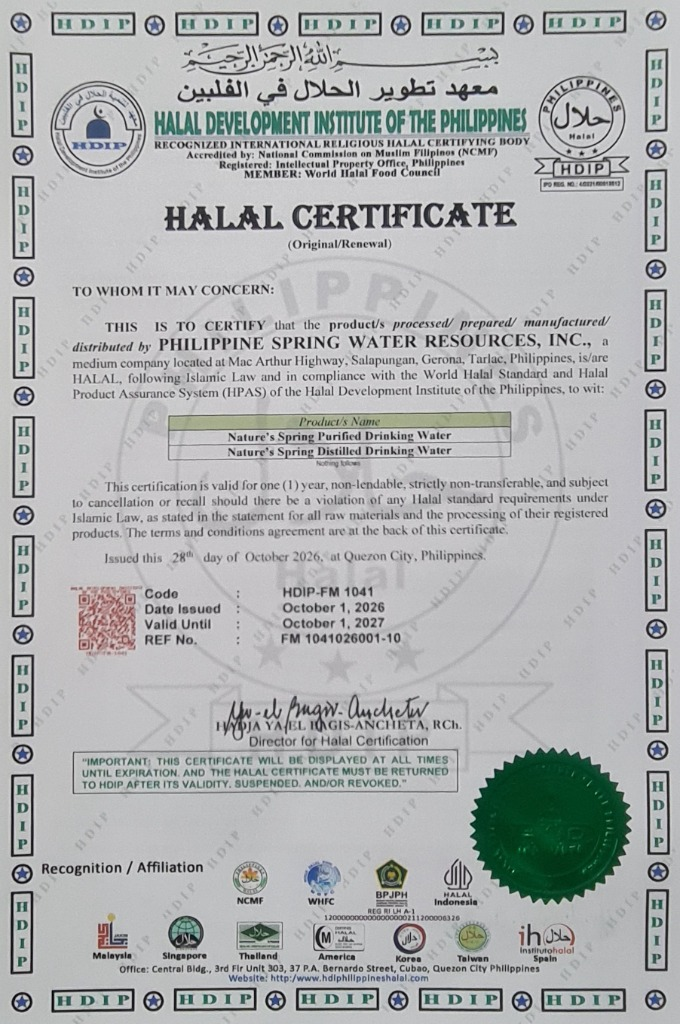 Halal certificate for Philippine Spring Water Resources, Inc.- Tarlac