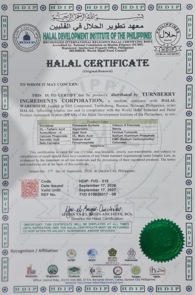 Halal certificate for Turnberry Ingredients Corporation