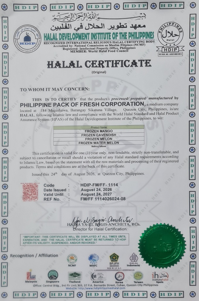 Halal certificate for Philippine Pack of Fresh Corporation