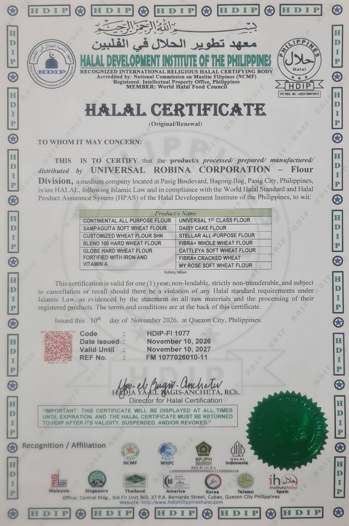 Halal certificate for Universal Robina Corporation-Flour Division