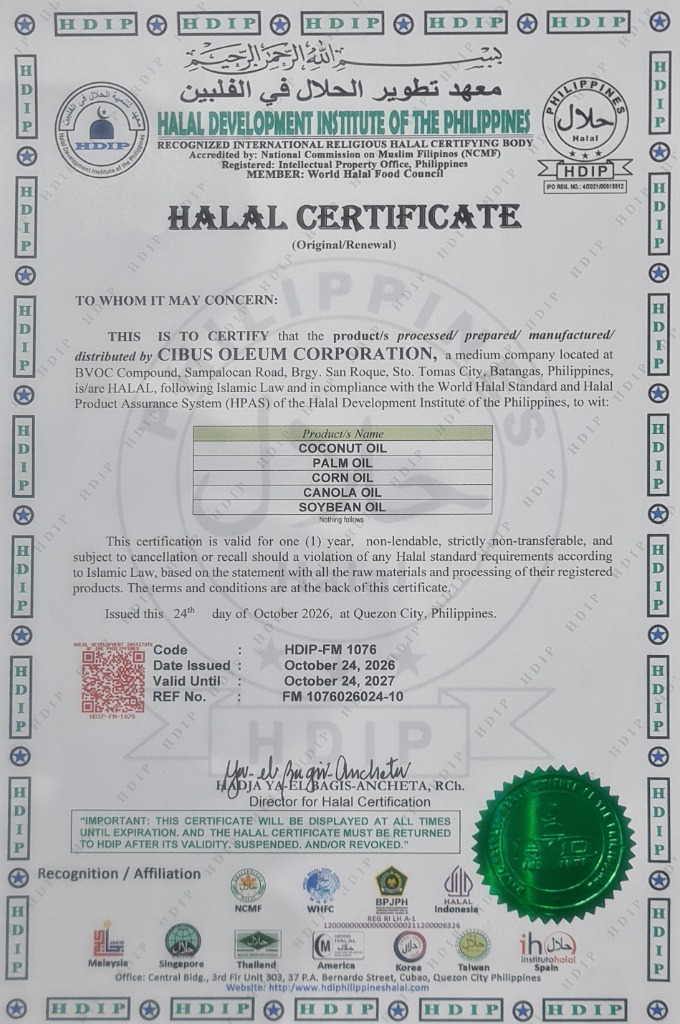 Halal certificate for Cibus Oleum Corporation