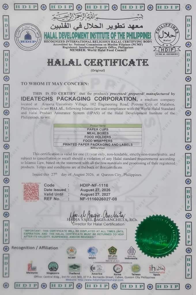 Halal certificate for Ideatechs Packaging Corporation