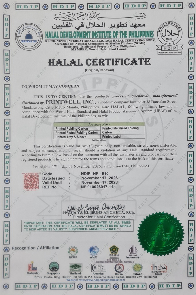 Halal certificate for Printwell, Inc.