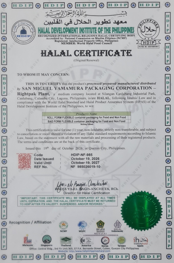 Halal certificate for San Miguel Yamamura Packaging Corporation
