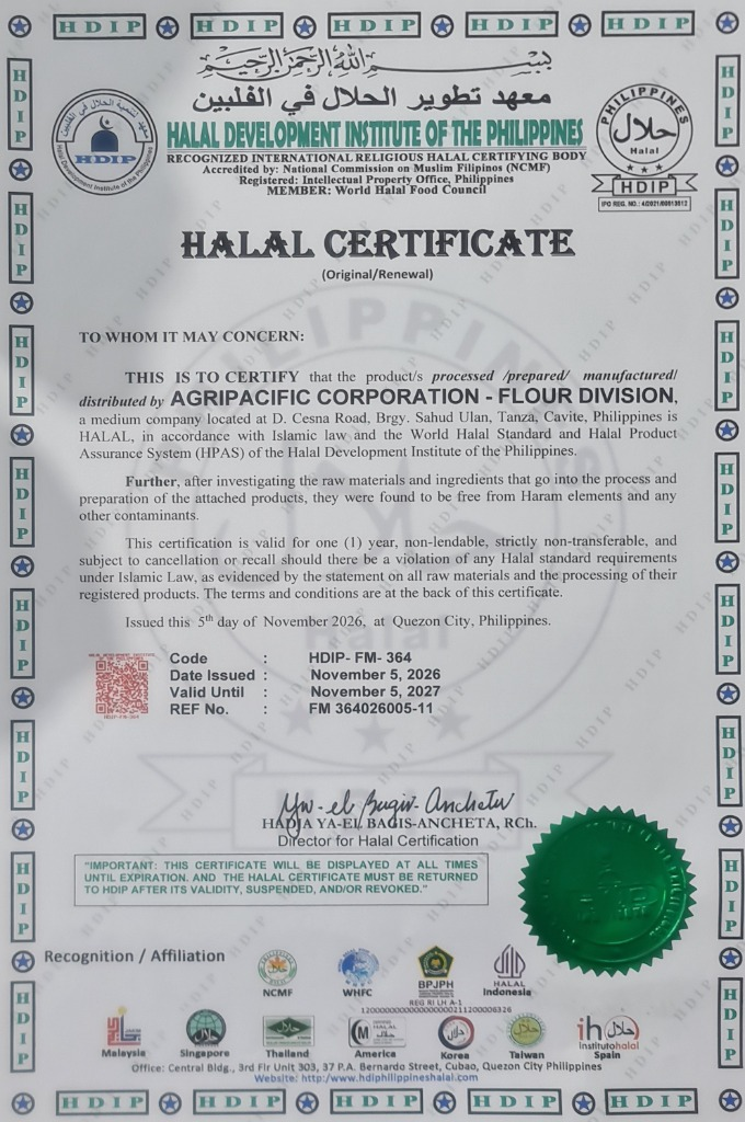 Halal certificate for Agripacific Corporation-Flour Division