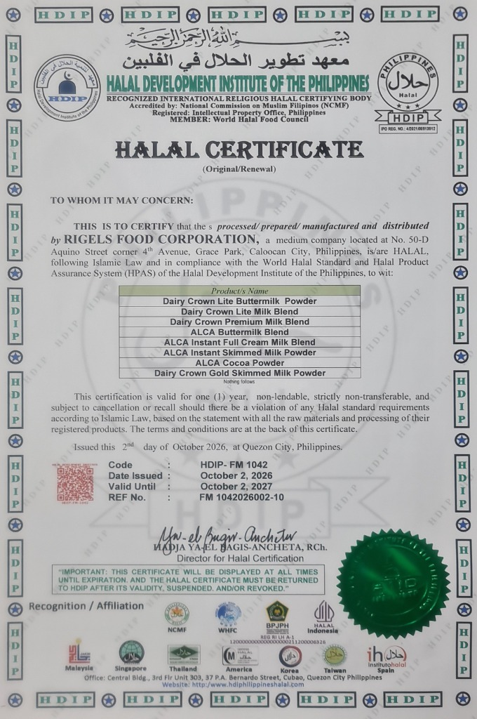 Halal certificate for Rigels Food Corporation