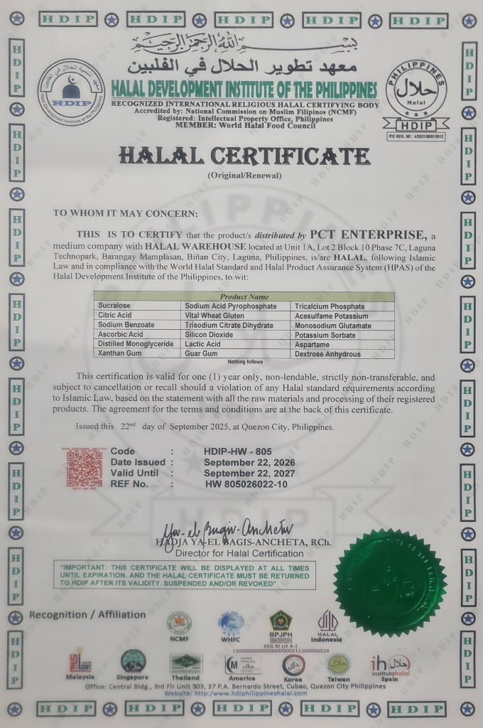 Halal certificate for PCT Enterprise